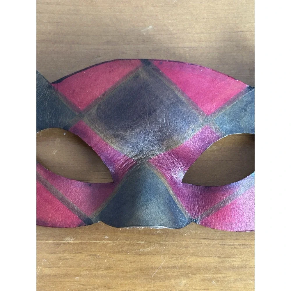 Vintage Ca Macana Venetian Mask Red Black Check Ribbon Tie LeatherHandmade Italy